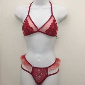Red Lace Halter Bralette and Panty Set
